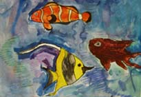 "Аквариум" (бумага, гуашь). Автор: Тарасова Марина, 9 лет. Руководитель: Александрова Е. С., КЦСО "Ковчег", г. Зеленоград.