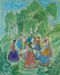 "Хоровод" (роспись по дереву). Авторы: Николаев Андрей , 13 лет, Грачева Лиза, 14 лет, Смирнова Настя, 14 лет. КЦСО "Ковчег", г. Зеленоград.