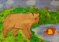 "Медведь и рыбка" (бумага, акварель). Автор: Потапова Маша, 7 лет. Руководитель: Елисеева М.Л., художественный центр "Дети Марии"