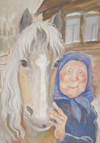 "Баба Настя и Звездочка" (бумага, гуашь). Автор: Карицкая Катя, 12 лет. Руководитель: Нефедова И.В., ХГ "Взгляд ребенка"